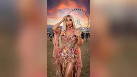 Glamorous woman in a floral pink lace gown posing before a Ferris wheel at sunset.