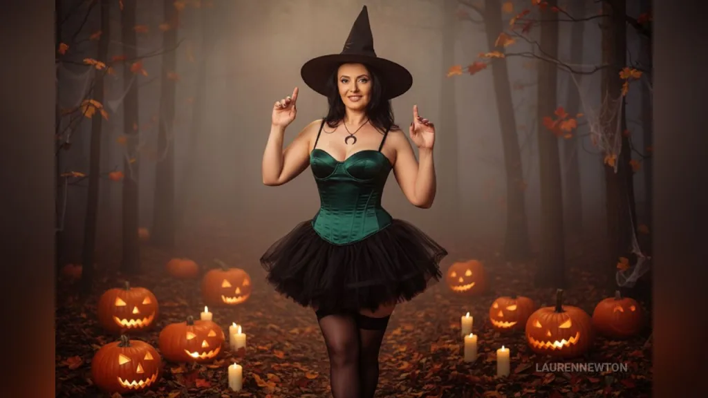 LaurenNewton — LaurenNewton poses in a witch costume with a black hat and green corset in a misty forest filled with glowing jack-o'-lanterns.
