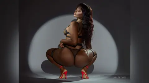 ValeryMei poses in a squatting position wearing black mesh lingerie and red high heels, showing her bare back and buttocks under a spotlight.