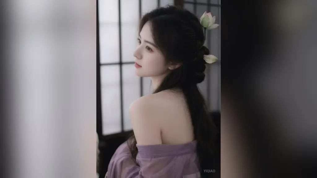 YiQiao — Elegant woman in a purple silk dress with long dark hair posing in a serene, traditional indoor setting.
