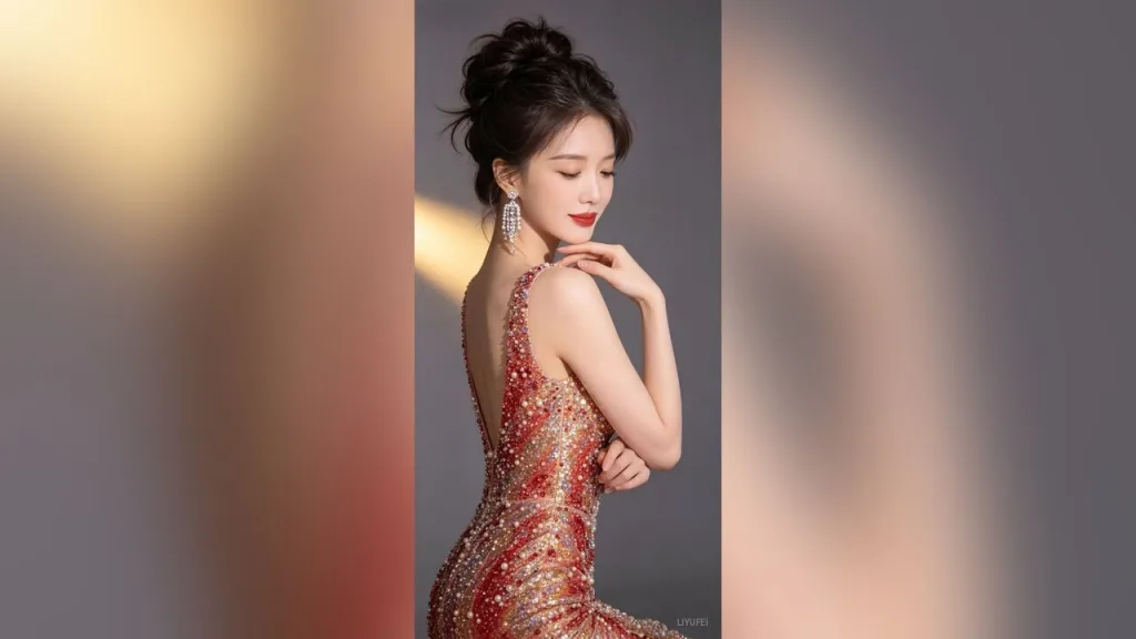 liyufei — liyufei poses in a sparkling red sequined evening gown with her hair in an elegant updo.