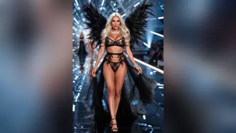 Glamorous blonde woman in black lace lingerie and large black feathered wings on a bright runway stage.