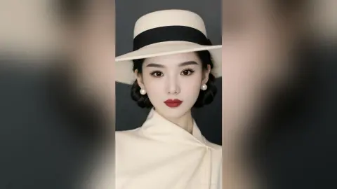 Elegant woman in a white wide-brimmed hat and cream outfit posing with a sophisticated, classic mood.
