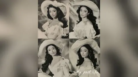 Elegant woman in a vintage white ruffled dress and wide-brimmed hat posing in a dreamy, nostalgic black and white portrait.