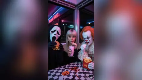 Ghostface and Pennywise clowns eating burgers and fries in a moody, neon-lit retro diner setting.