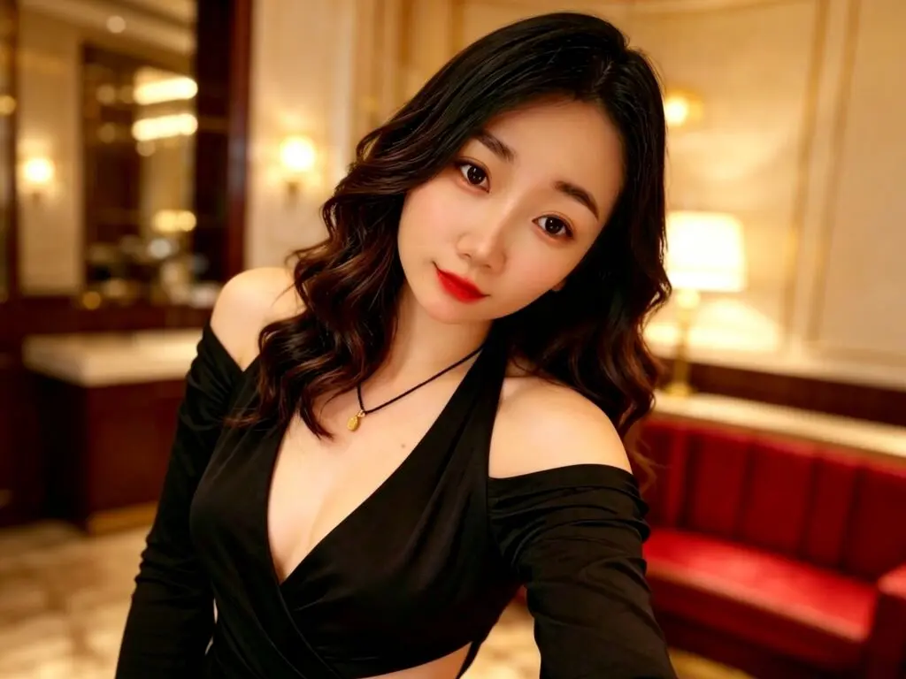 Beautiful young woman in a black off-the-shoulder dress posing in a warm, elegant indoor setting.