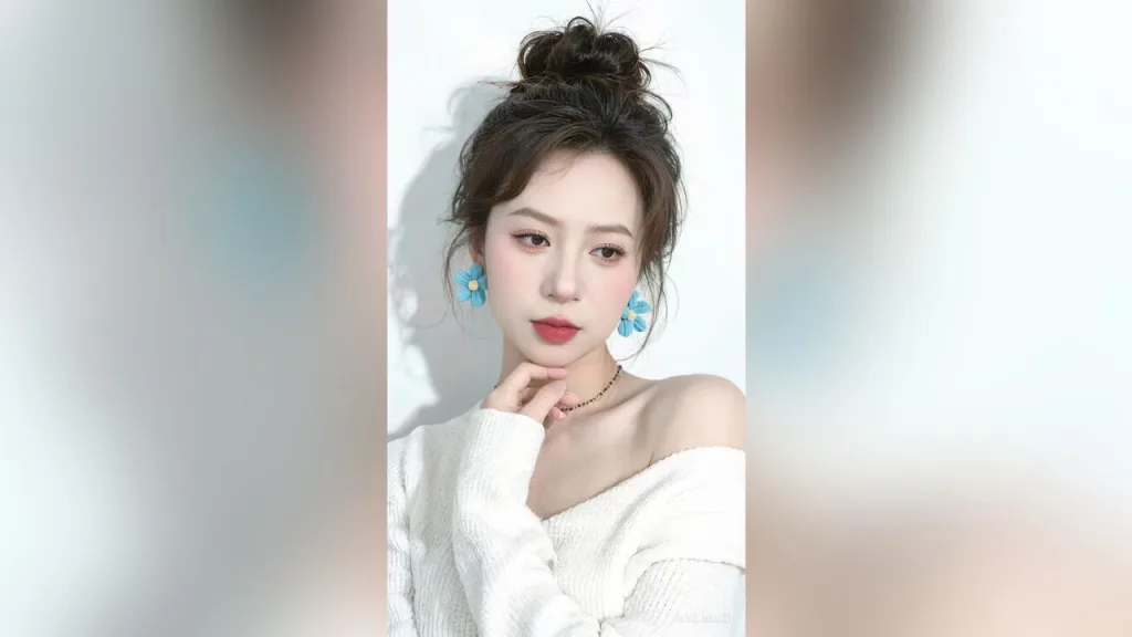 AnnLinMei — AnnLinMei poses with her hand under her chin wearing a white off-the-shoulder sweater and blue flower earrings.