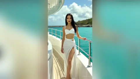 Elegant woman in a white two-piece outfit standing on a luxury yacht in turquoise tropical waters.