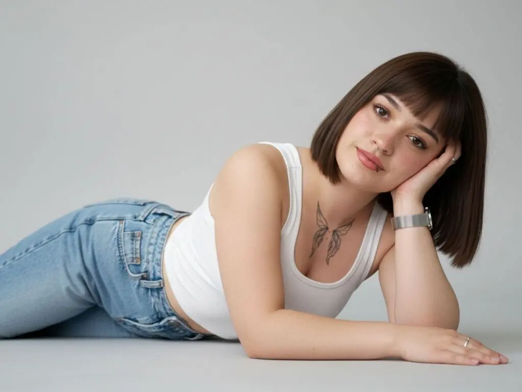 Young woman with short brown hair in a white tank top and blue jeans lying on a grey floor with a relaxed mood.