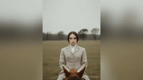 Melancholic woman in a beige vintage blazer sitting in a misty, overcast field.