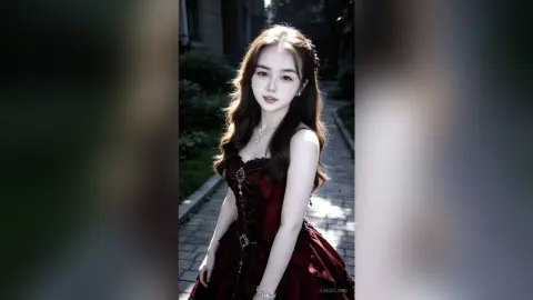 Elegant young woman in a dark red velvet gown posing outdoors in soft natural sunlight.