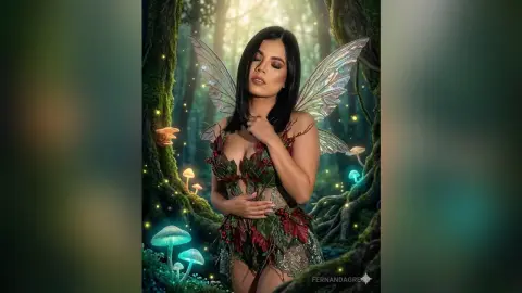 Ethereal fairy woman in a leafy green dress posing in a magical glowing mushroom forest.