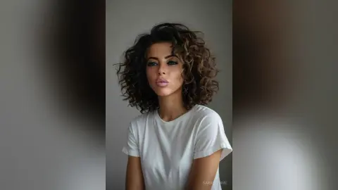 Young woman with voluminous curly hair wearing a white t-shirt in a minimalist indoor setting with a calm mood.