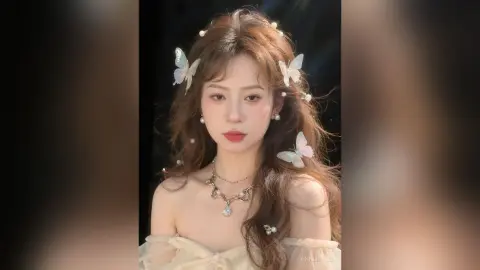 Ethereal woman with butterfly hair accessories and pearl necklace in a dreamy, fairy-core aesthetic.