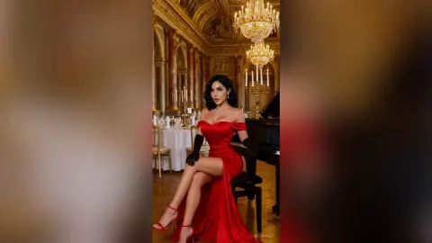 Elegant woman in a red evening gown and black gloves posing in a luxurious gold ballroom.