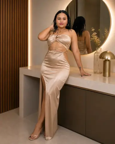 Elegant woman in a champagne satin slit maxi dress posing in a modern minimalist interior.
