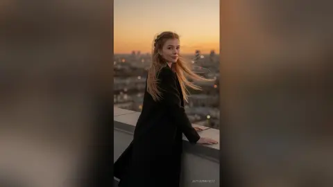 Blonde woman in a black coat smiling on a city rooftop during a golden sunset.