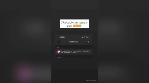 Smartphone screen displaying a notification for winning a competition and earning money.