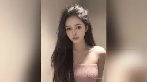 AgelaHui poses with long, dark hair wearing a pink strapless tube top against a plain wall.