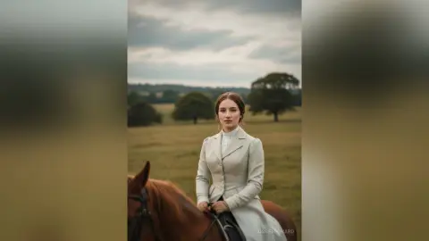 Elegant woman in a vintage white dress riding a brown horse through a dreamy, misty countryside field.