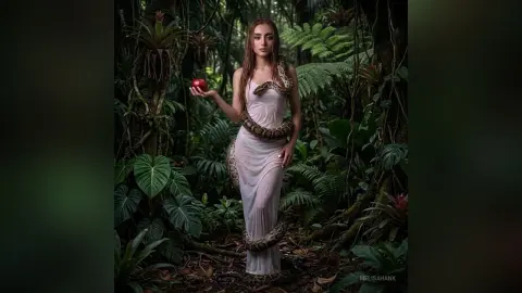 Mystical woman in a white gown holding a red apple in a lush, moody jungle surrounded by tropical greenery.