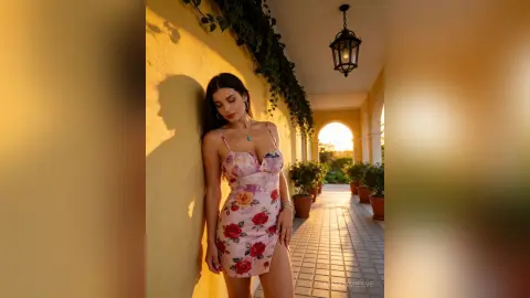 Woman in a pink floral mini dress leaning against a sunlit yellow wall in a warm Mediterranean courtyard.