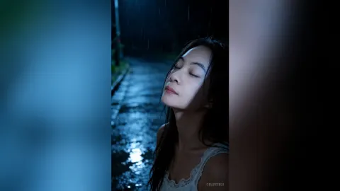 CelesteQi — CelesteQi poses with closed eyes in the rain wearing a white lace camisole.