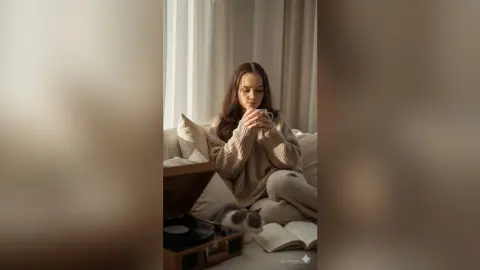 Relaxed woman in a cozy beige sweater sipping coffee on a sofa next to a cat in a sunlit living room.