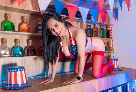 Smiling woman in red and blue patriotic bikini posing on a wooden counter with festive bunting flags.