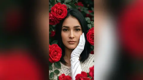 AlisonColemans poses with her hand against her cheek, wearing white gloves and a white lace top, surrounded by red roses.