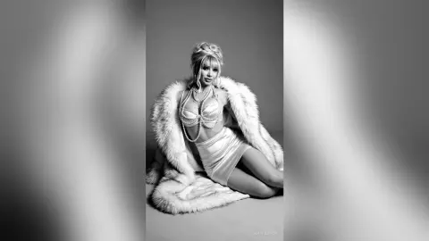 Glamorous woman in a white bikini and pearl necklace wearing a fluffy fur coat in a moody black and white portrait.