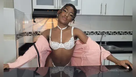 Young woman in white lace lingerie and pink shirt posing confidently in a modern kitchen setting.