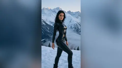 Woman in a sleek black bodysuit posing against a scenic snowy mountain landscape at dusk.