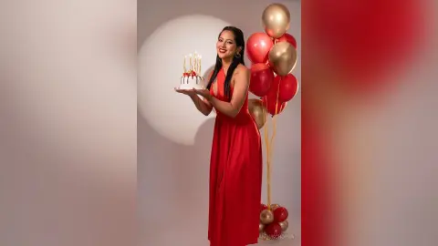 Smiling woman in a red evening gown holding a birthday cake with gold and red balloons in a studio setting.