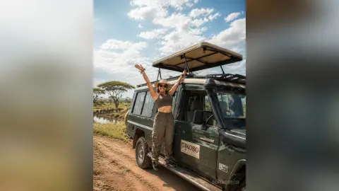 SofiaGreco stands beside a green off-road vehicle in a grassy savanna, wearing a brown crop top and matching cargo pants with her arms raised.