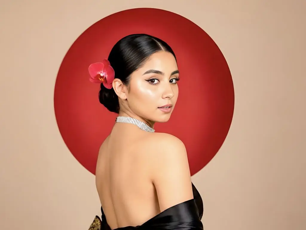 Elegant woman in a black dress with a red flower in her hair posing against a red circle backdrop.