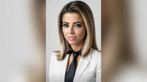 Smiling professional woman in a white blazer and black tie posing for a corporate headshot against a light background.