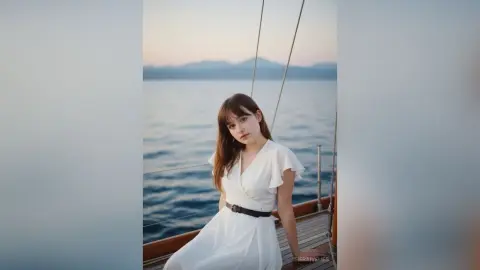 Young woman in a white summer dress relaxing on a wooden boat at sea during a peaceful sunset.