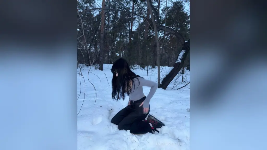 MarieJosePhilip β MarieJosePhilip with long dark hair, wearing a grey long-sleeve shirt and black pants, kneeling in a snowy forest setting.