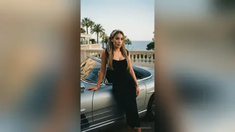 Stylish woman in a black jumpsuit leaning on a vintage silver convertible car by the ocean at sunset.