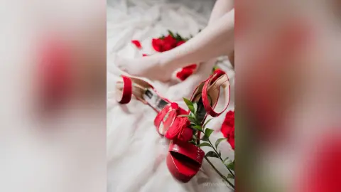 Elegant woman in red high heel sandals relaxing on white bedding surrounded by romantic red rose petals.