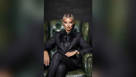 Elegant woman in a black tailored suit sitting on a green leather armchair in a moody studio setting.