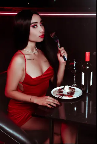 Elegant woman in a red satin dress dining at a romantic candlelit restaurant with steak and red wine.