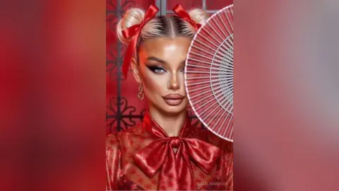 Glamorous woman with blonde space buns and red bows wearing a festive red outfit holding a decorative fan.