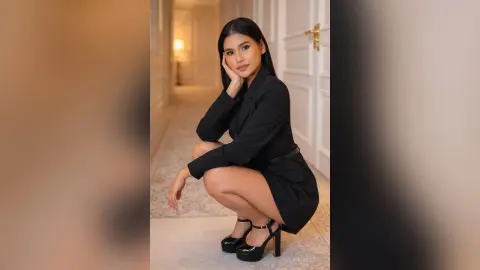 Elegant woman in a black blazer and mini dress posing in a bright, modern hallway.