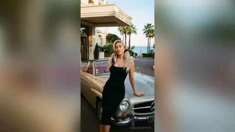 RosalinLafayette poses in a tight black dress leaning against a vintage silver convertible car outdoors near palm trees.