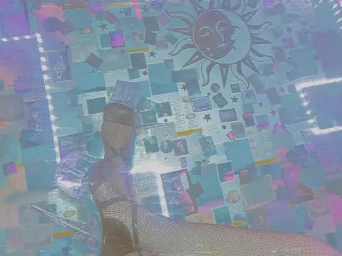 Close-up of fishnet stockings and platform heels on a dreamy blue celestial patterned floor with sun motifs.