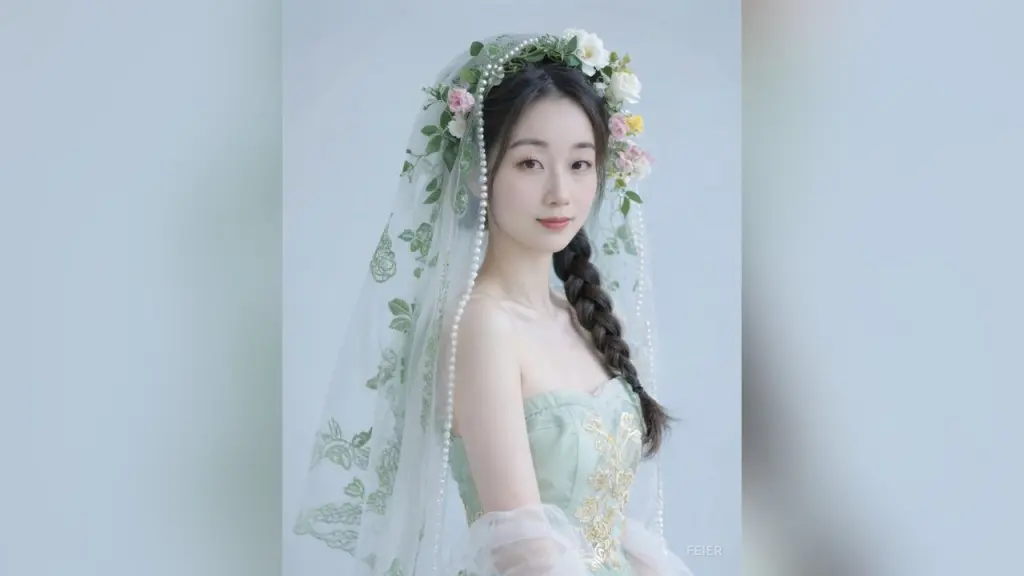 feier — feier wears a white floral headpiece and a light green strapless dress while looking over her shoulder.