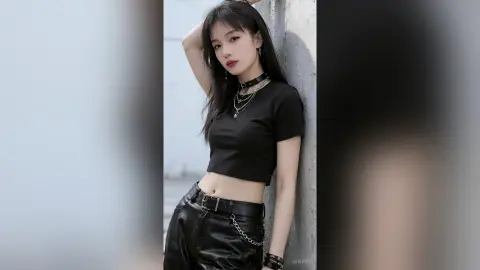 liyufei poses against a wall wearing a black crop top and black leather pants with a silver chain belt.