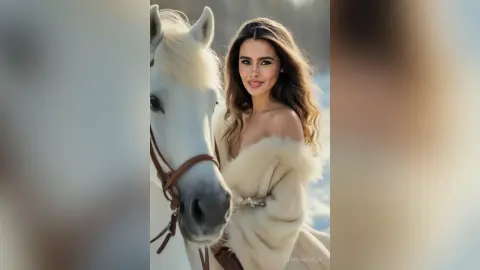 Smiling woman in a white faux fur coat posing with a white horse in a dreamy winter landscape.